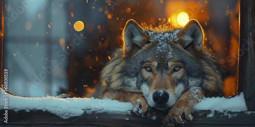 Majestic Snow-Capped Wolf Resting Peacefully in a Winter Wonderland Banner