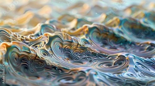 An abstract, hyperrealistic portrayal of liquid waves with a psychedelic twist, mimicking the fluidity of life.