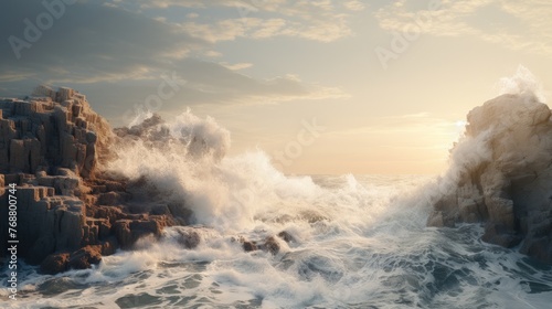 Beautiful seascape with waves and rocks. Rugged Coastline Waves
