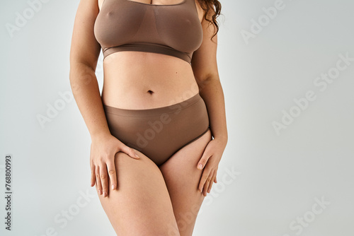 cropped shot of body alluring plus size woman in underwear with hands on hips in grey background