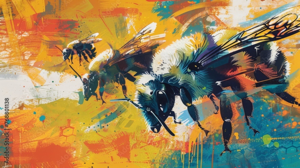 A dynamic, abstract artwork featuring bees with a bold fusion of vibrant colors and energetic splatters.