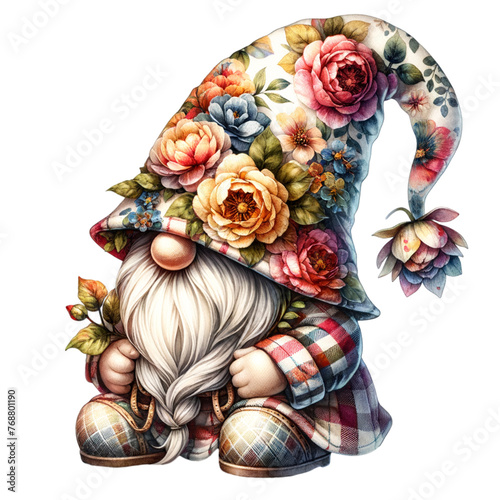 Watercolor Floral gnome with a hat covering his face isolated and cut-out on white background Clipart