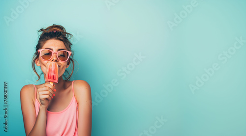 A beautiful woman wearing sunglasses and summer clothes enjoying an ice cream popsicle, isolated on a light turquoise green background, with space for text. Conceptual advertising, web, graphic resour