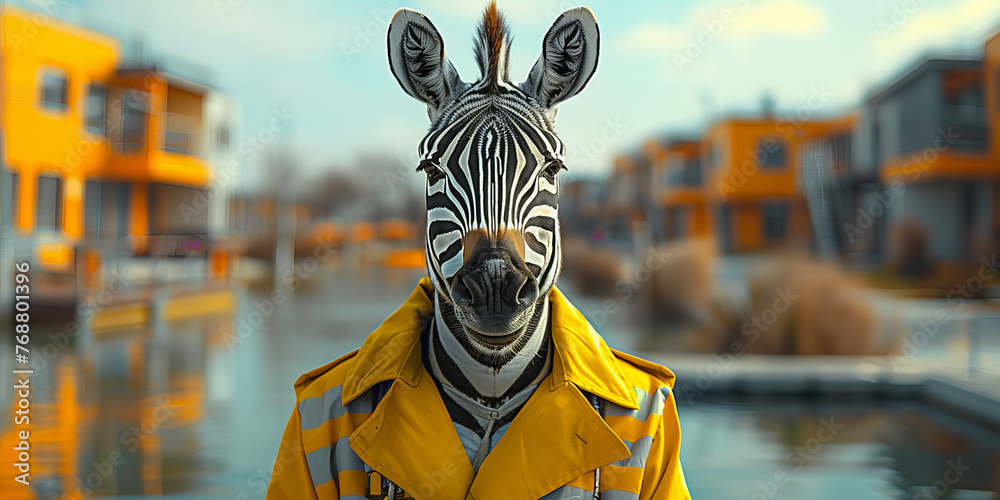 Stylish Urban Zebra Posing in Yellow Jacket Waterfront Houses Banner