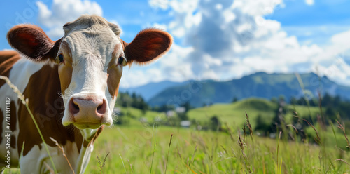Close-up of a cow with a white and brown face in a mountain pasture. Sustainable livestock and dairy farming concept. Design for educational materials, eco-friendly farming promotion, and natural prod photo