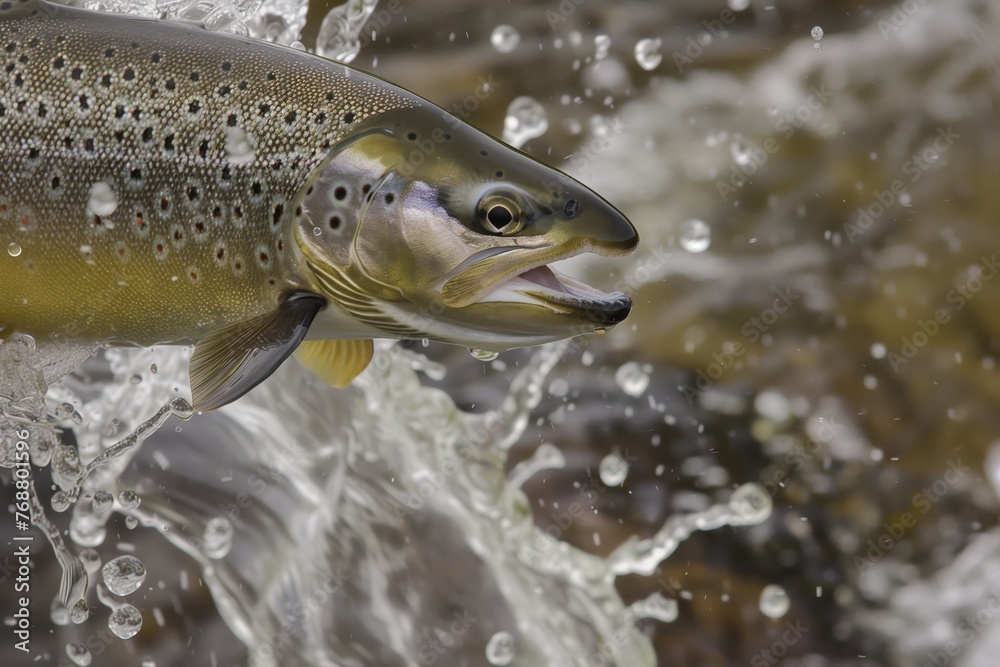 closeup of a silver trout leaping from a river closeup of a silver trout leaping from a river