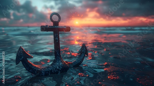 Anchor of Hope:Weathered Nautical Symbol Amid Dramatic Coastal Sunset