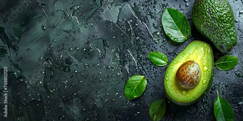 A close-up image of a fresh green avocado half with its seed and leaves unaffected by the popularity of guacamole The avocado is surrounded by water photo