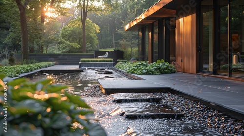 Modern House Exterior with Garden Water Feature at Sunset