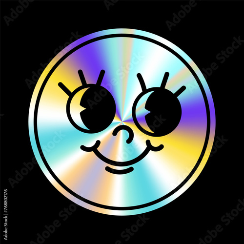Holographic sticker with cartoon face in a trendy retro y2k style. Vector Graphic with textured foil effect. Emocion sticer photo