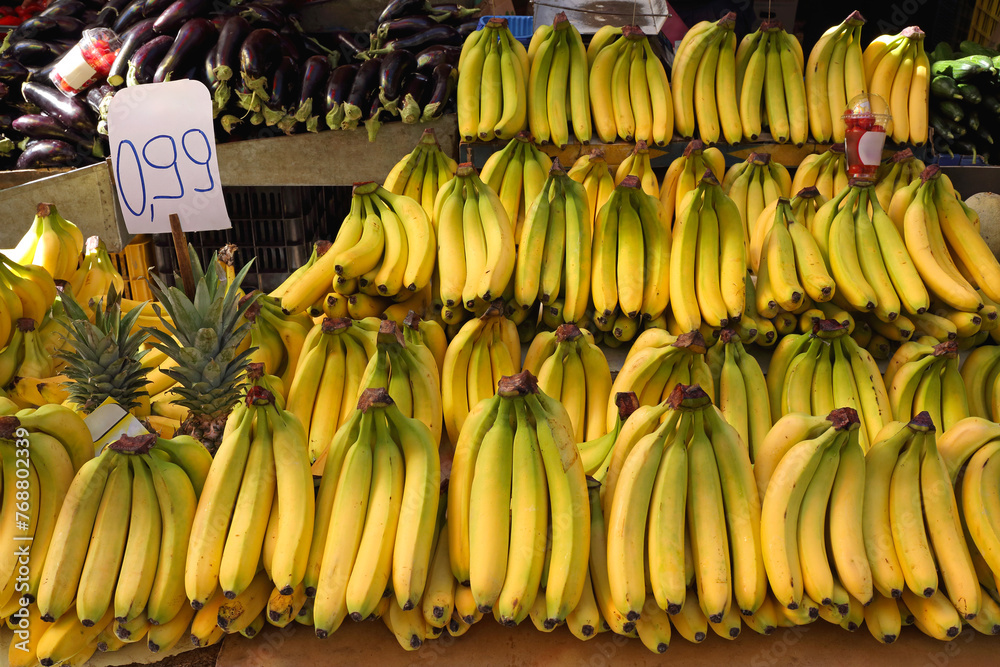Bunch of Ripe Yellow Bananas at Grocery Shop