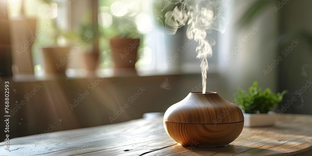 Fototapeta premium Aromatic Essential Oil Diffuser Releasing Calming Scents on Rustic Wooden Table with Blurred Greenery Background