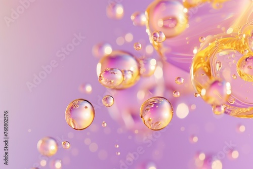 floating golden serum droplets on a pastel purple background, professional skincare ad