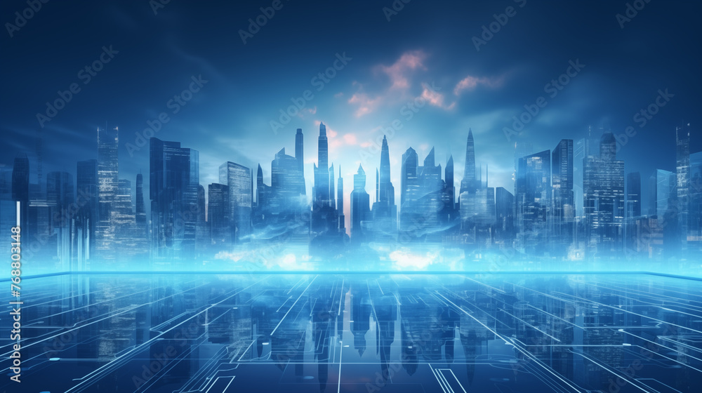 A city connected to holographic and digital technology of the future. internet of things