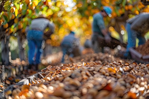Closeup View of Fallen Autumn Leaves Blanketing the Ground in an Orchard During Almond Harvest