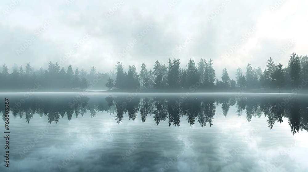 Fototapeta premium Foggy Lake Morning: A peaceful lake shrouded in morning fog, with the silhouette of trees reflected perfectly on the water's surface