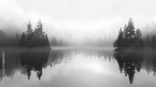 Foggy Lake Morning: A peaceful lake shrouded in morning fog, with the silhouette of trees reflected perfectly on the water's surface