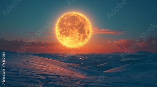 Oversized glowing moon in a minimalistic dune atmosphere, capturing an abstract