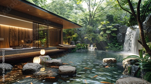 Modern House with Natural Pond and Waterfall © lin