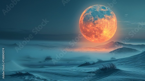 Oversized glowing moon in a minimalistic dune atmosphere, capturing an abstract