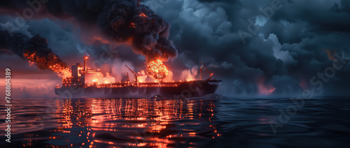 oil tanker was on fire in the middle of the ocean at night time  with smoke and flames everywhere