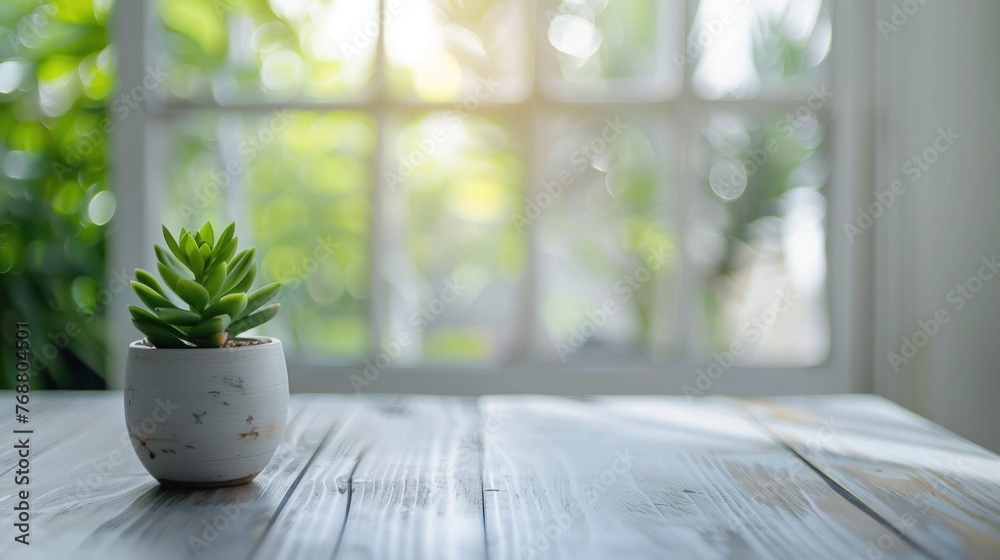 Green plant in pot on wooden table with a defocused window and windowsill in the background. Modern kitchen interior closeup Green plant in pot on wooden table with a defocused window and windowsill in the background. Modern kitchen interior closeup