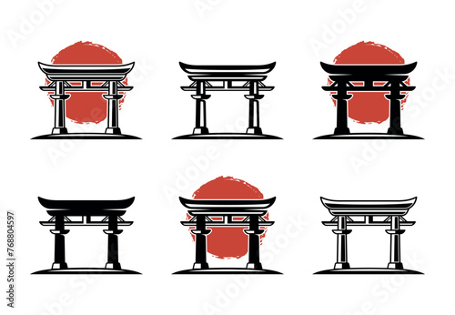 Japanese torii gate set of six different variation vector icons or symbols isolated on white background