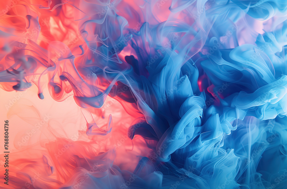 Ink clouds of blue and red colors in water, creating an abstract background Ink clouds of blue and red colors in water, creating an abstract background
