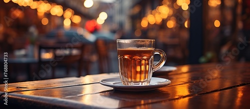 Cup of tea on a wooden table in a cafe. Selective focus.