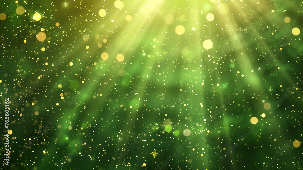 green background with rays of light and golden sparkles