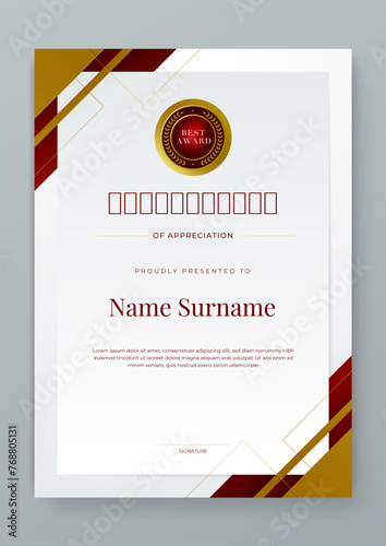 Red white and gold certificate of appreciation border template with luxury badge and modern line and shapes. Certificate of achievement, awards diploma, education, school