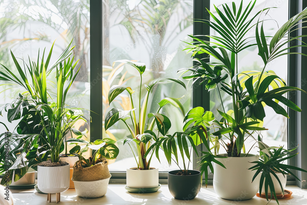 A lush collection of indoor plants thriving in natural sunlight A lush collection of indoor plants thriving in natural sunlight