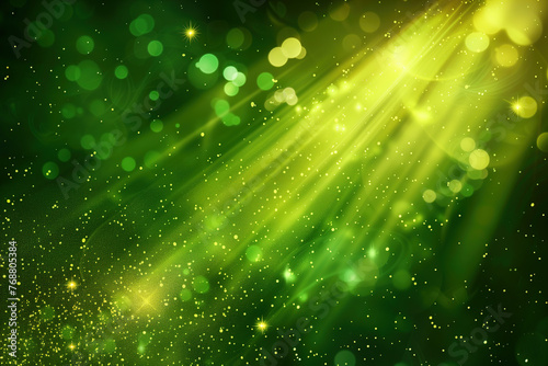 green background with rays of light and golden sparkles