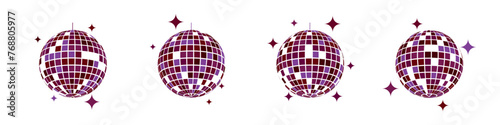 Purple discoball icons. Disco music party mirrorballs in 70s 80s 90s vintage discotheque style. Shining nightclub mirror spheres with glitters. Nightlife, holiday, fun symbols