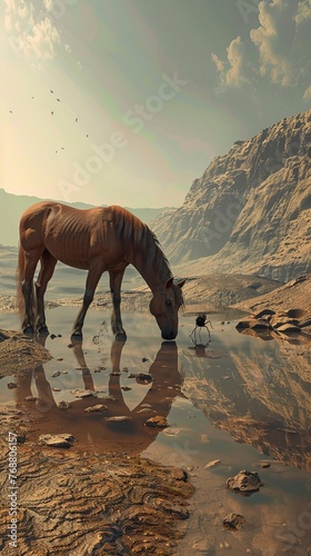 Horse and fly at a Martian waterhole midday