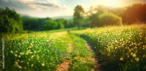 Beautiful spring landscape with path in green field, blurred background