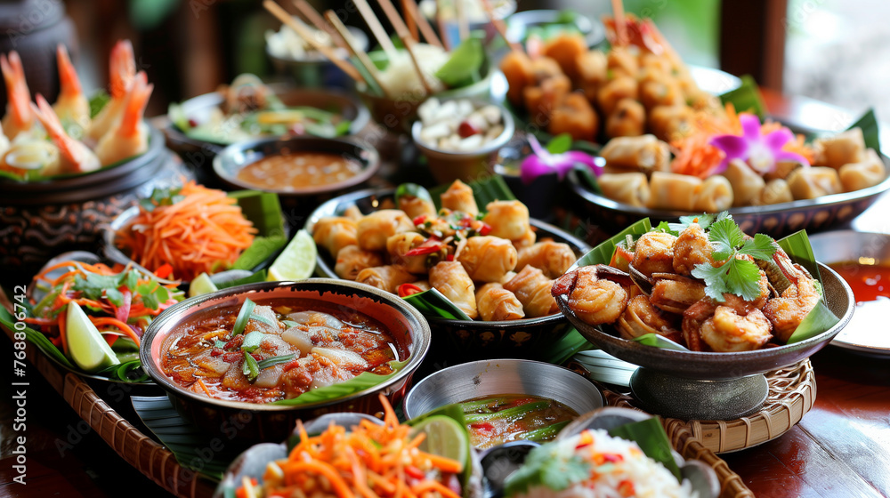 Fototapeta premium Fresh Seafood Display with Shrimp and Traditional Asian Ingredients