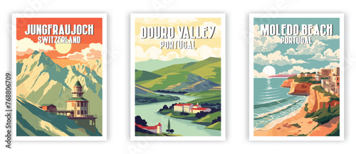 Jungfraujoch, Douro Valley, Moledo Beach Illustration Art. Travel Poster Wall Art. Minimalist Vector art