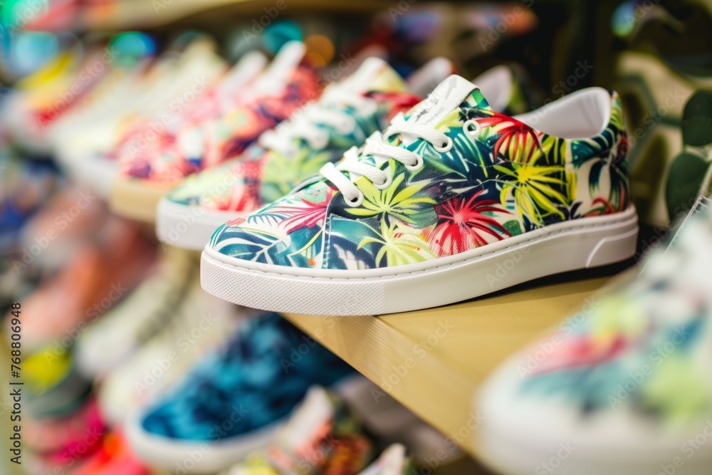 sneakers with summer prints on store stand