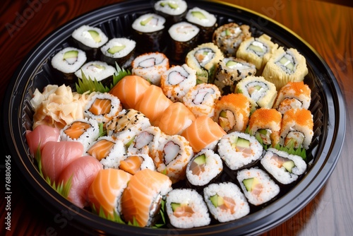 a sushi platter with various rolls and nigiri