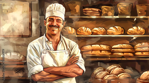 Illustration: ecstatic pastry chef proudly displaying freshly baked pastries in cozy bakery