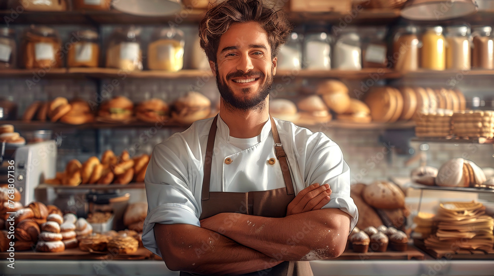 Illustration: energetic pastry artist beaming with pride in beloved bakery