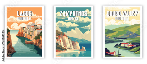 Lagos, Zakynthos, Douro Valley Illustration Art. Travel Poster Wall Art. Minimalist Vector art