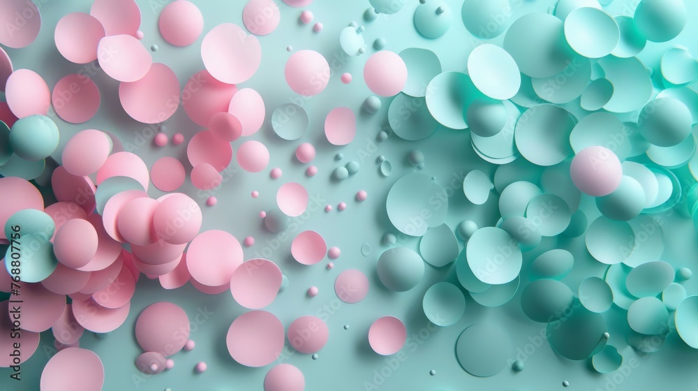 split background using pastel hues of rose pink and mint green, punctuated by scattered circular light shapes.