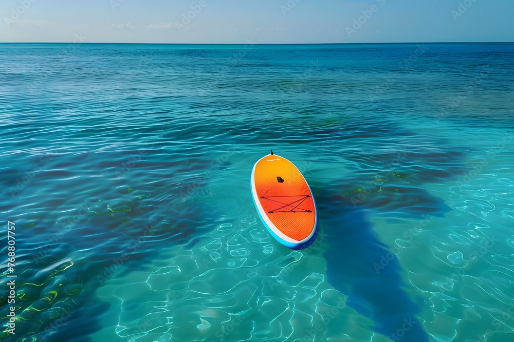 Multicolored SUP board on a blue sea background Multicolored SUP board on a blue sea background