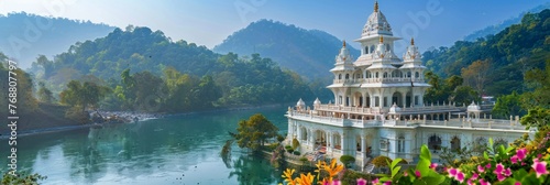 White majestic Hindu temple with jungle and mountains in the background, banner