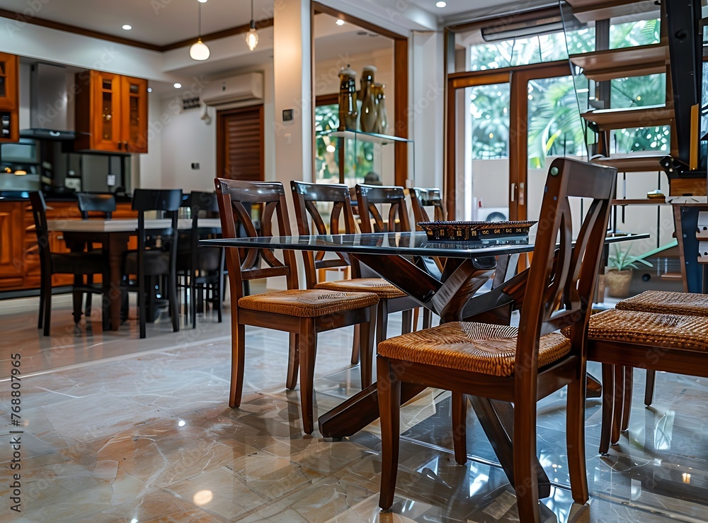 A glass dining table with wooden chairs in the living room of an Indian home