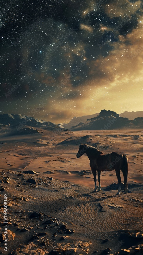 Martian landscape with horse and fly resting night Martian landscape with horse and fly resting night