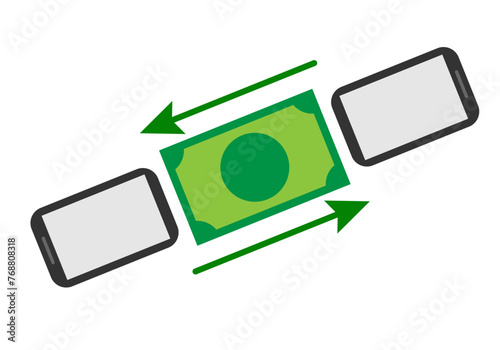 Transferencia bancaria entre smartphone en fondo blanco.