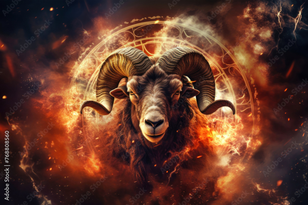 A ram, symbolizing the zodiac sign Aries, stands boldly in front of a circle of fire, showcasing its majestic large horns - obrazy, fototapety, plakaty 